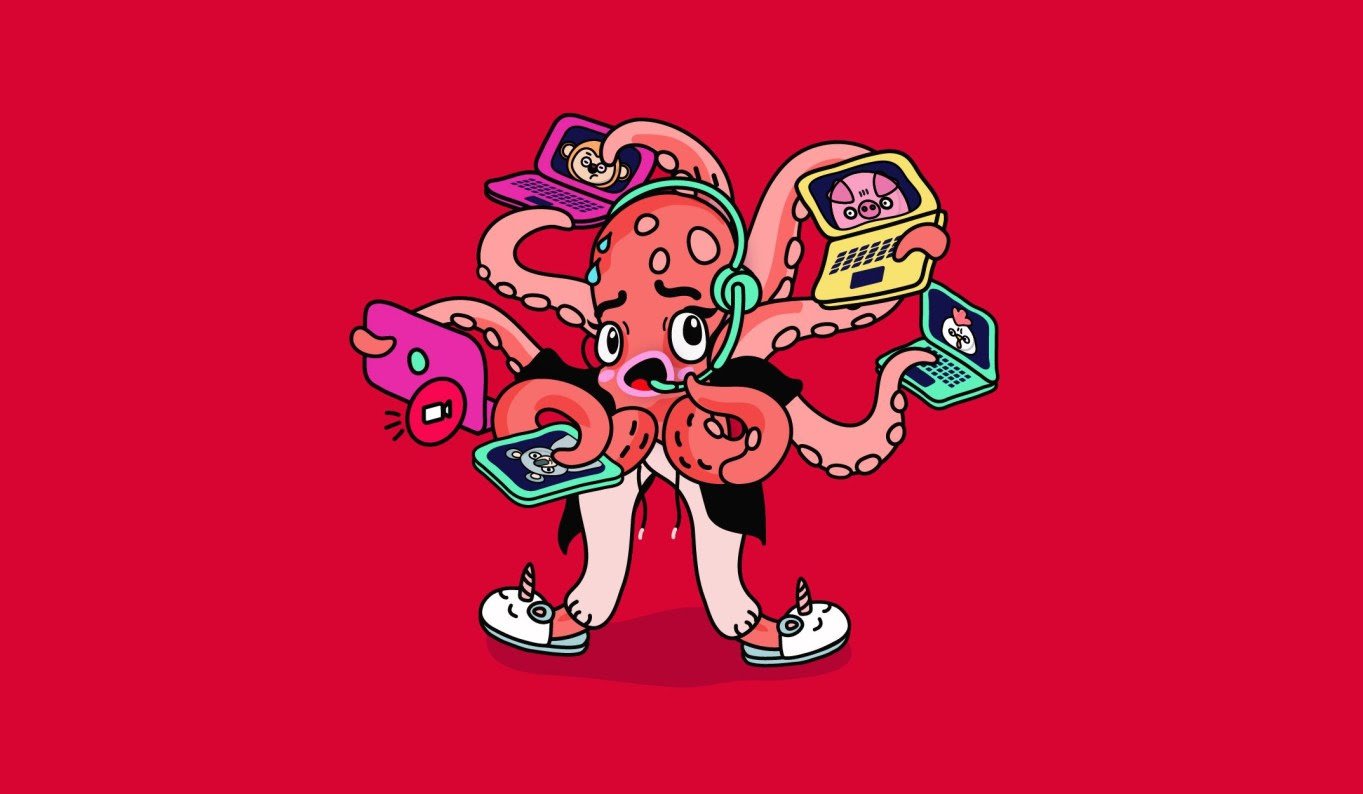 Illustration of an octopus juggling zoom calls