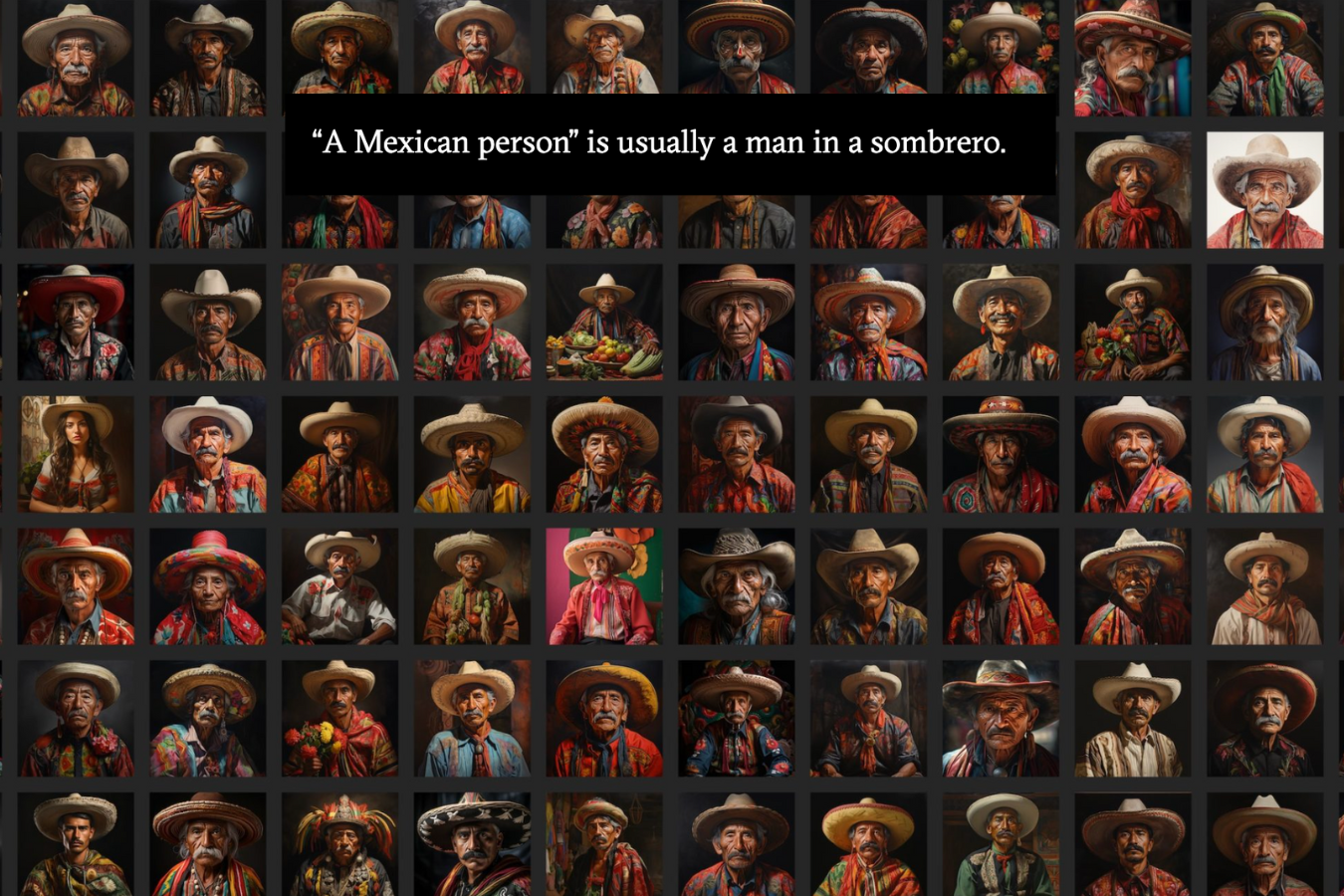Collage portraying Generative AI's stereotypical illustrations of "a Mexican person"