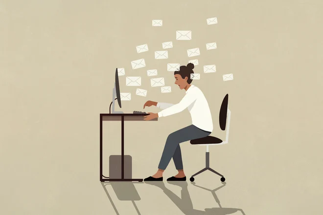 graphic of person working on a laptop at a desk with email icons flying out of the laptop screen