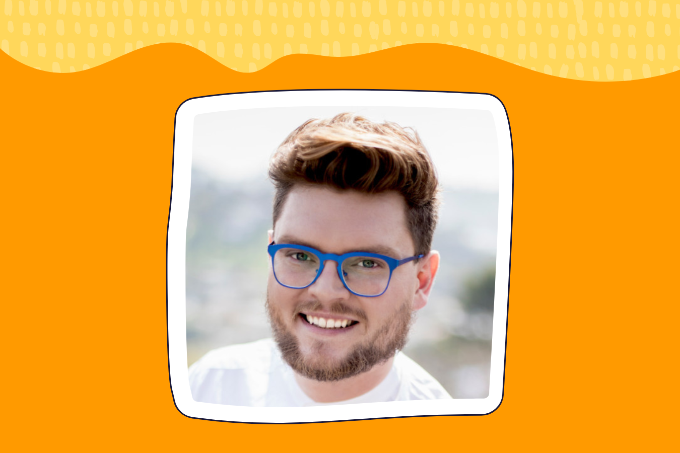 Thom headshot in graphic with yellow and orange background.